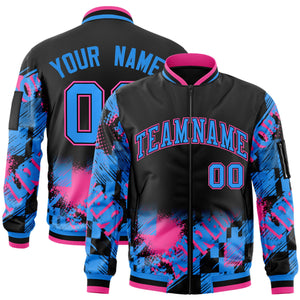 Custom Black Powder Blue-Pink Varsity Full-Zip Street Graffiti Pattern Letterman Jacket