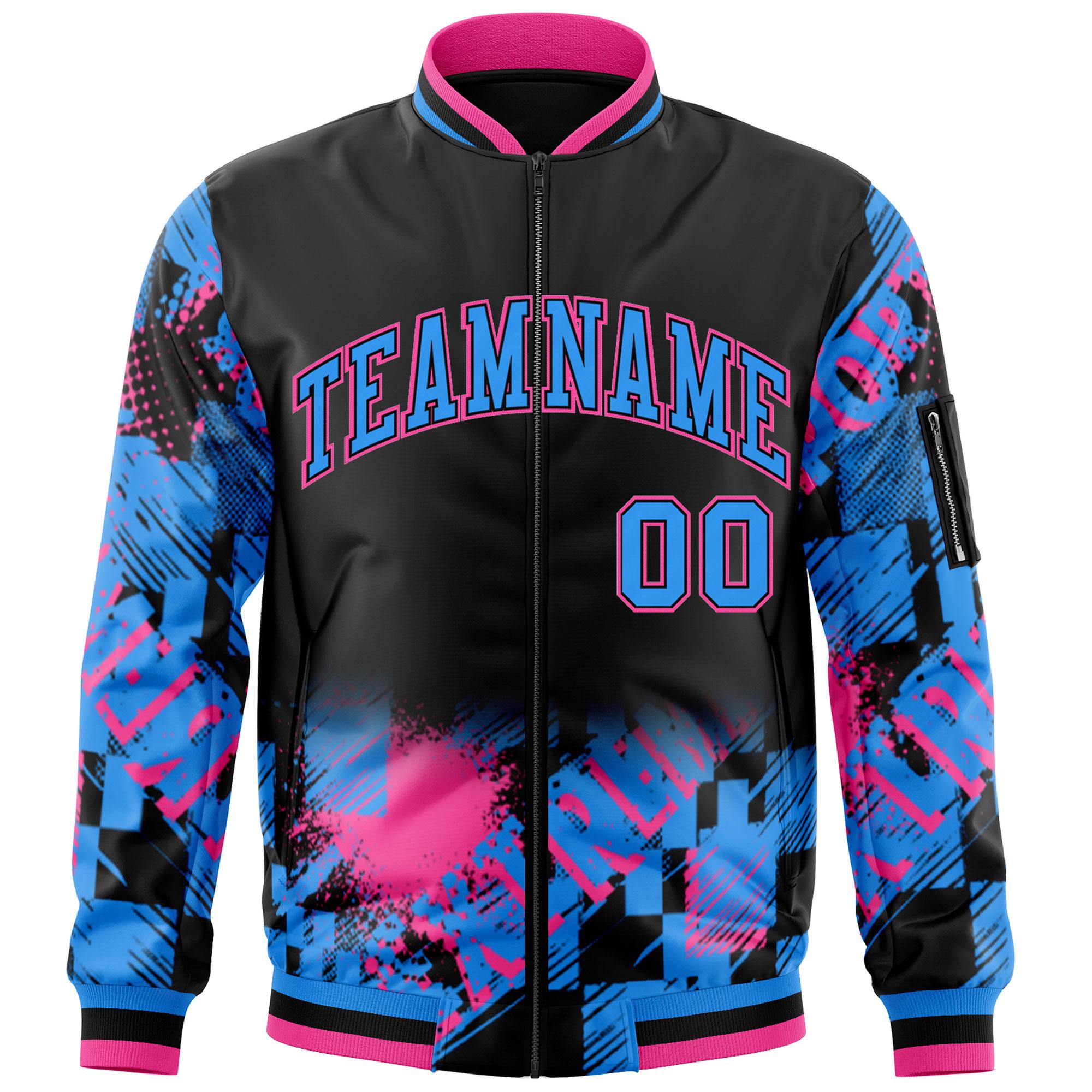 Custom Black Powder Blue-Pink Varsity Full-Zip Street Graffiti Pattern Letterman Jacket