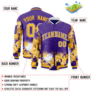 Custom Purple Yellow-White Varsity Full-Zip Street Graffiti Pattern Letterman Jacket