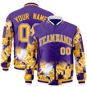 Custom Purple Yellow-White Varsity Full-Zip Street Graffiti Pattern Letterman Jacket