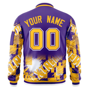 Custom Purple Yellow-White Varsity Full-Zip Street Graffiti Pattern Letterman Jacket