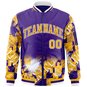 Custom Purple Yellow-White Varsity Full-Zip Street Graffiti Pattern Letterman Jacket