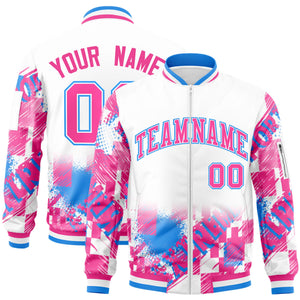 Custom White Pink-Powder Blue Varsity Full-Zip Street Graffiti Pattern Letterman Jacket