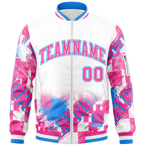 Custom White Pink-Powder Blue Varsity Full-Zip Street Graffiti Pattern Letterman Jacket