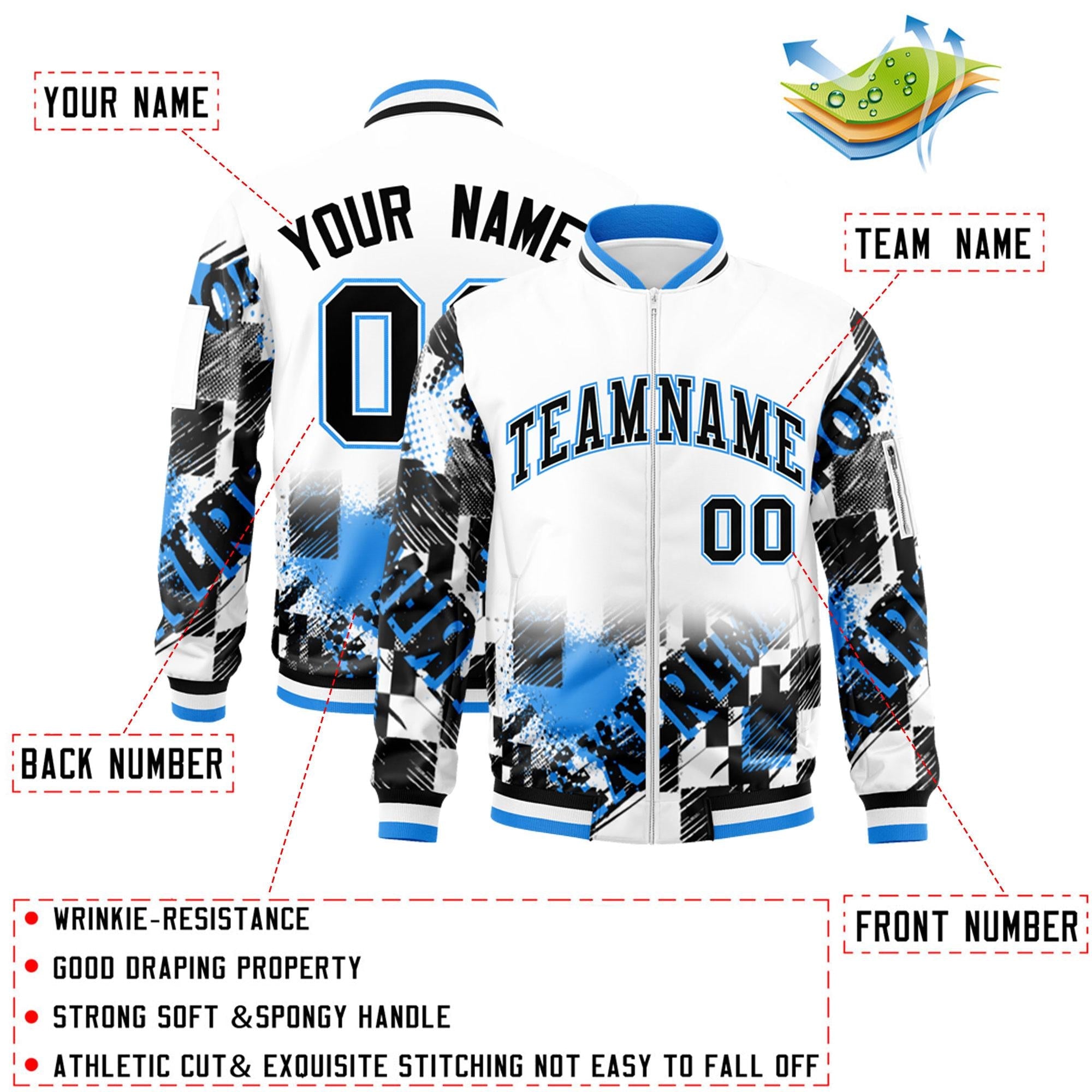 Custom White Black-Powder Blue Varsity Full-Zip Street Graffiti Pattern Letterman Jacket