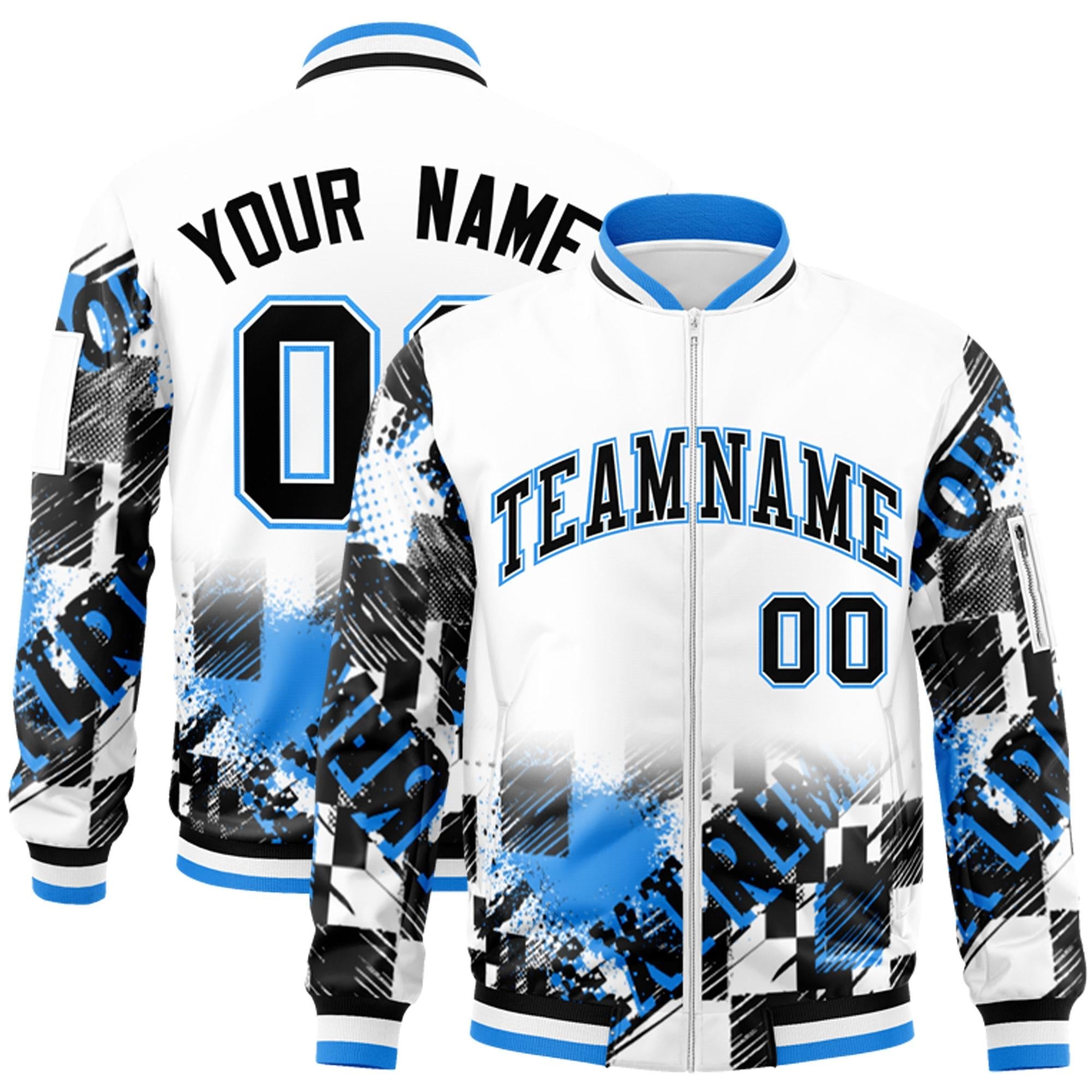 Custom White Black-Powder Blue Varsity Full-Zip Street Graffiti Pattern Letterman Jacket