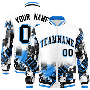 Custom White Black-Powder Blue Varsity Full-Zip Street Graffiti Pattern Letterman Jacket