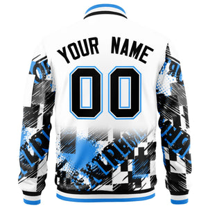 Custom White Black-Powder Blue Varsity Full-Zip Street Graffiti Pattern Letterman Jacket