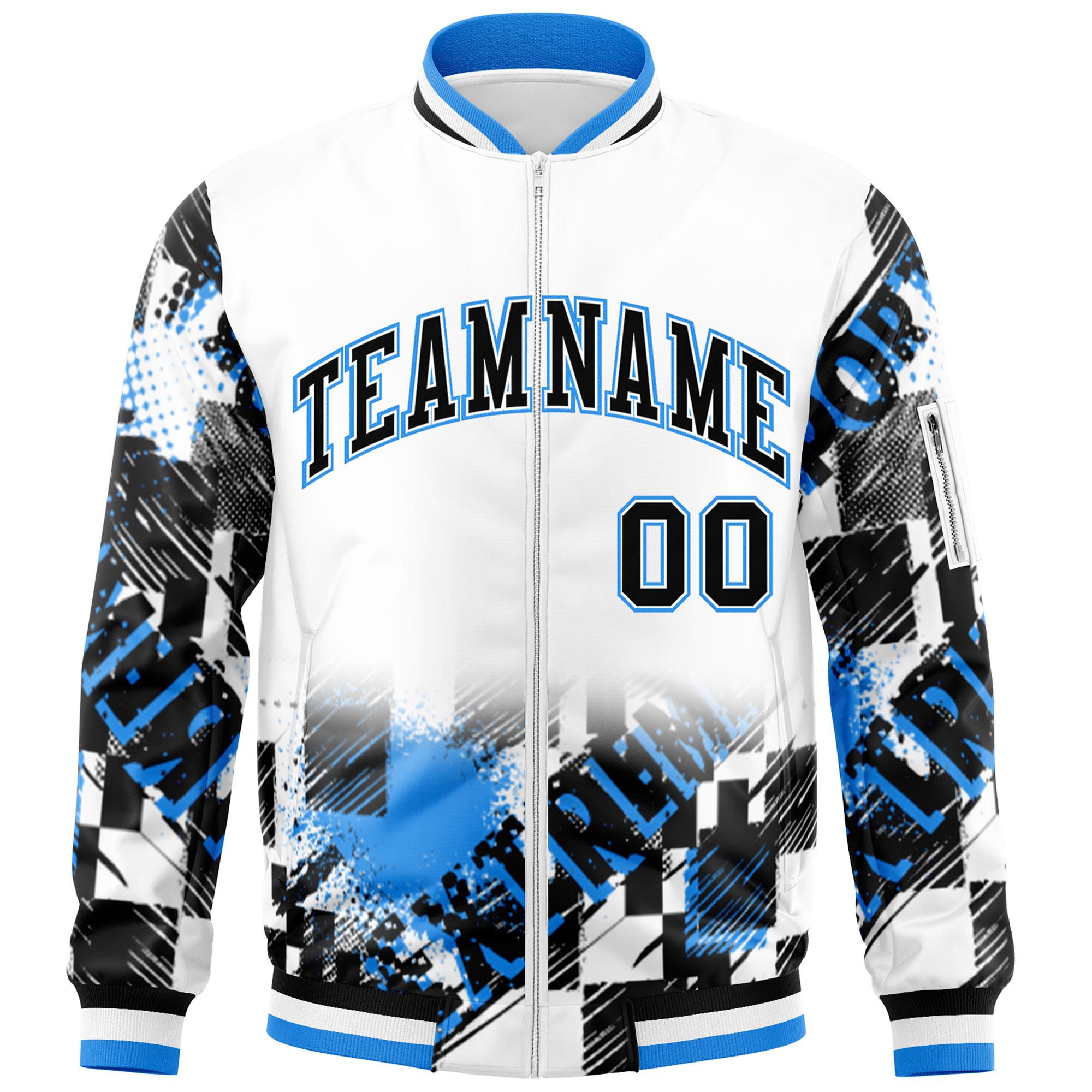 Custom White Black-Powder Blue Varsity Full-Zip Street Graffiti Pattern Letterman Jacket