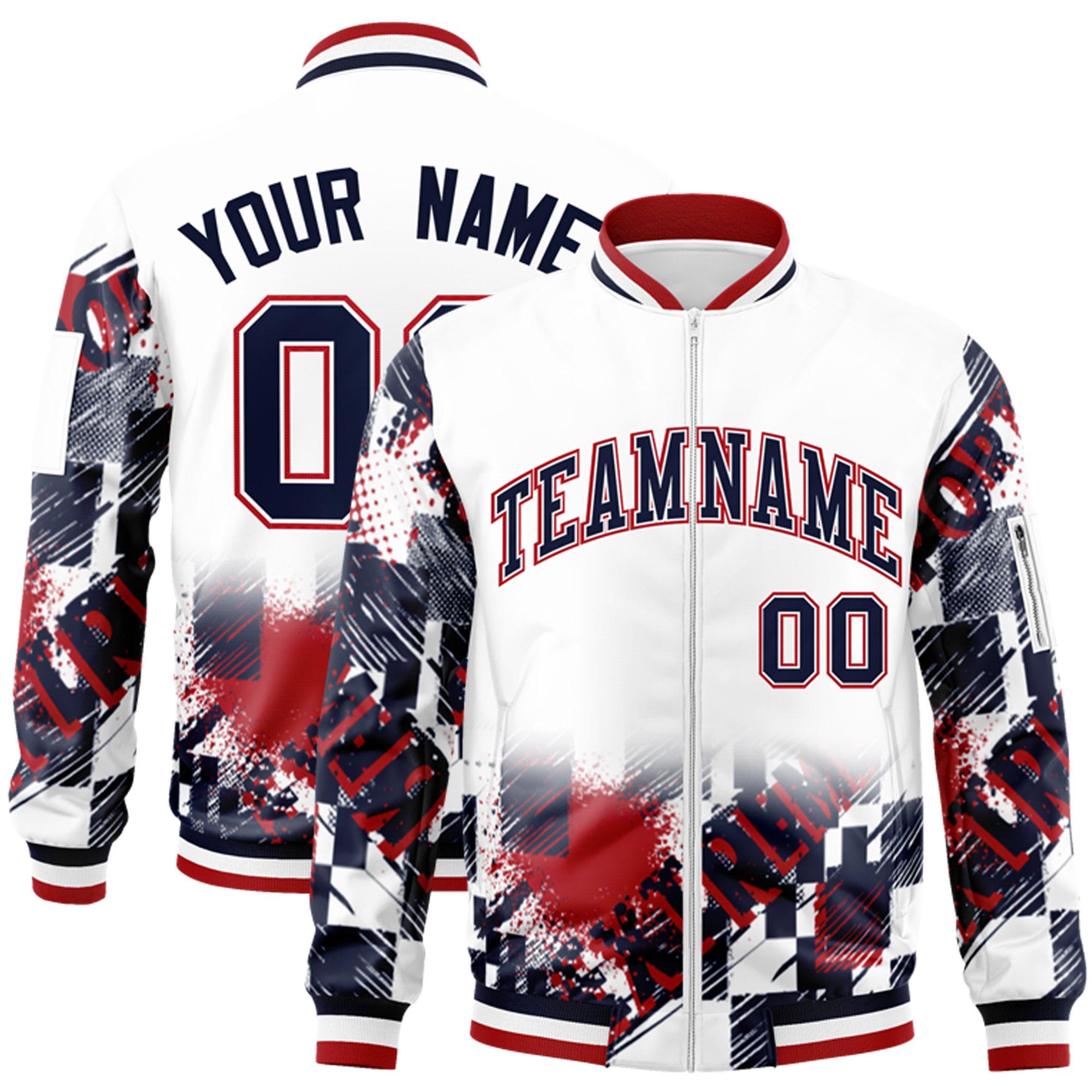 Custom White Navy-Red Varsity Full-Zip Street Graffiti Pattern Letterman Jacket