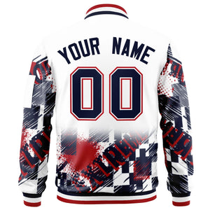 Custom White Navy-Red Varsity Full-Zip Street Graffiti Pattern Letterman Jacket