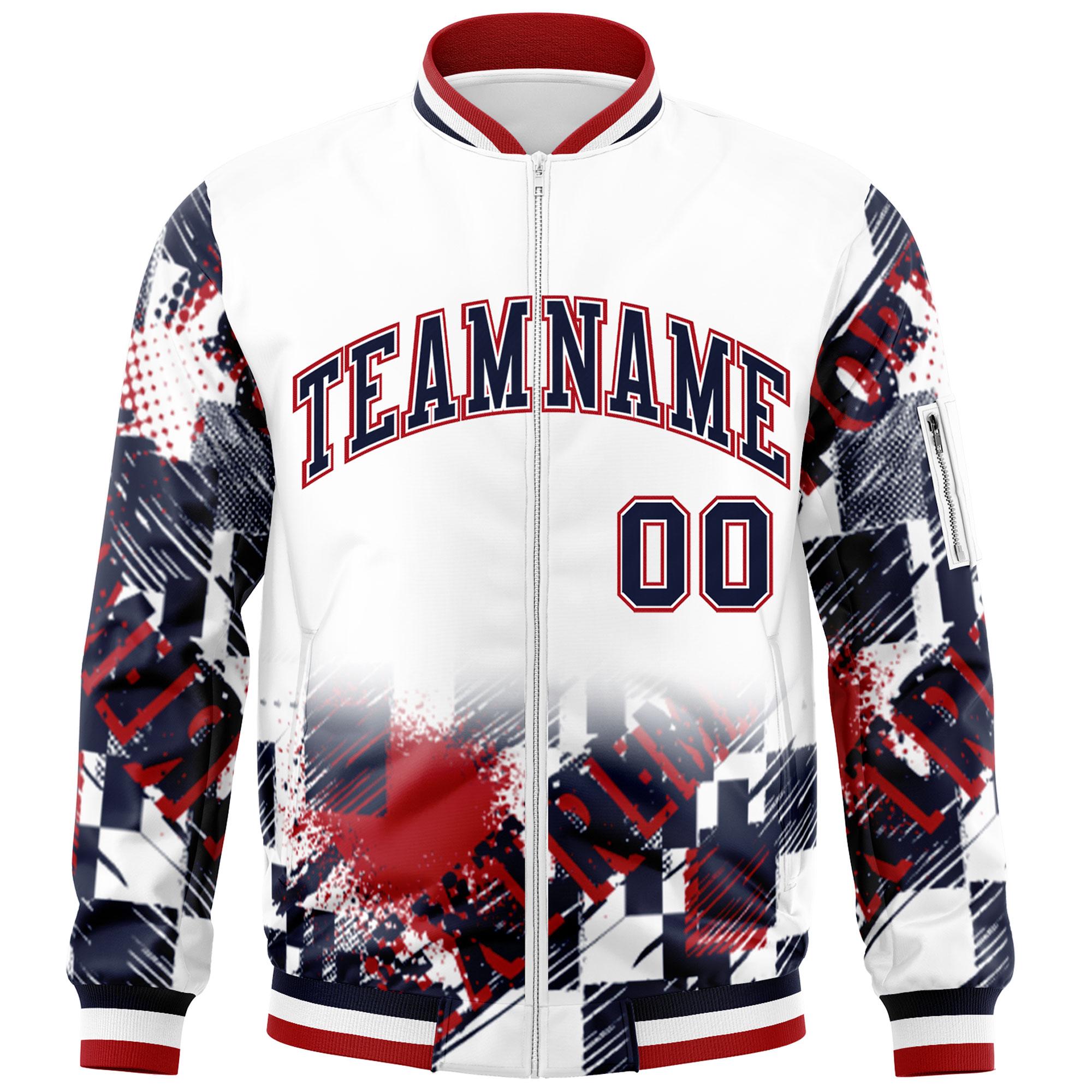 Custom White Navy-Red Varsity Full-Zip Street Graffiti Pattern Letterman Jacket