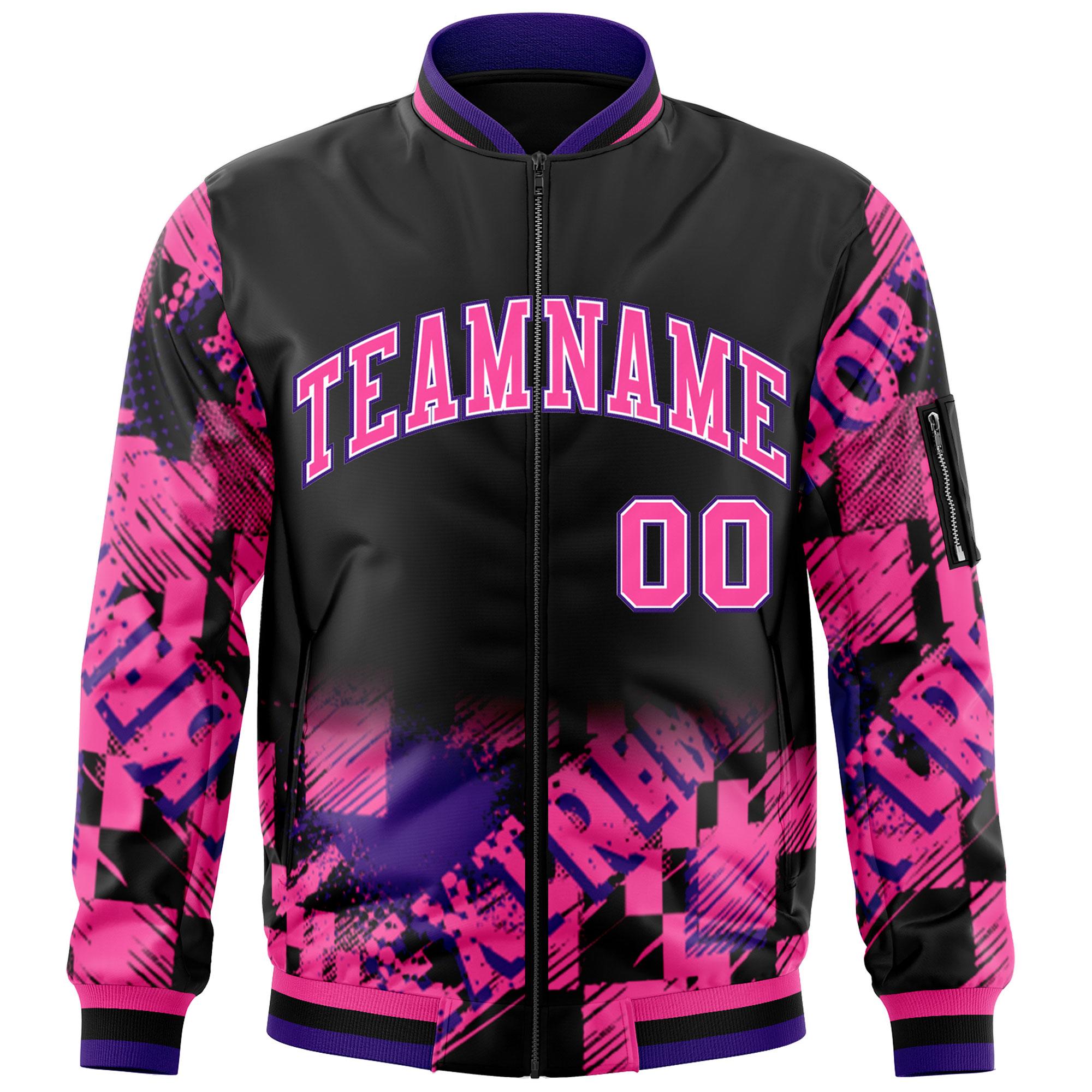 Custom Black Pink-Purple Varsity Full-Zip Street Graffiti Pattern Letterman Jacket