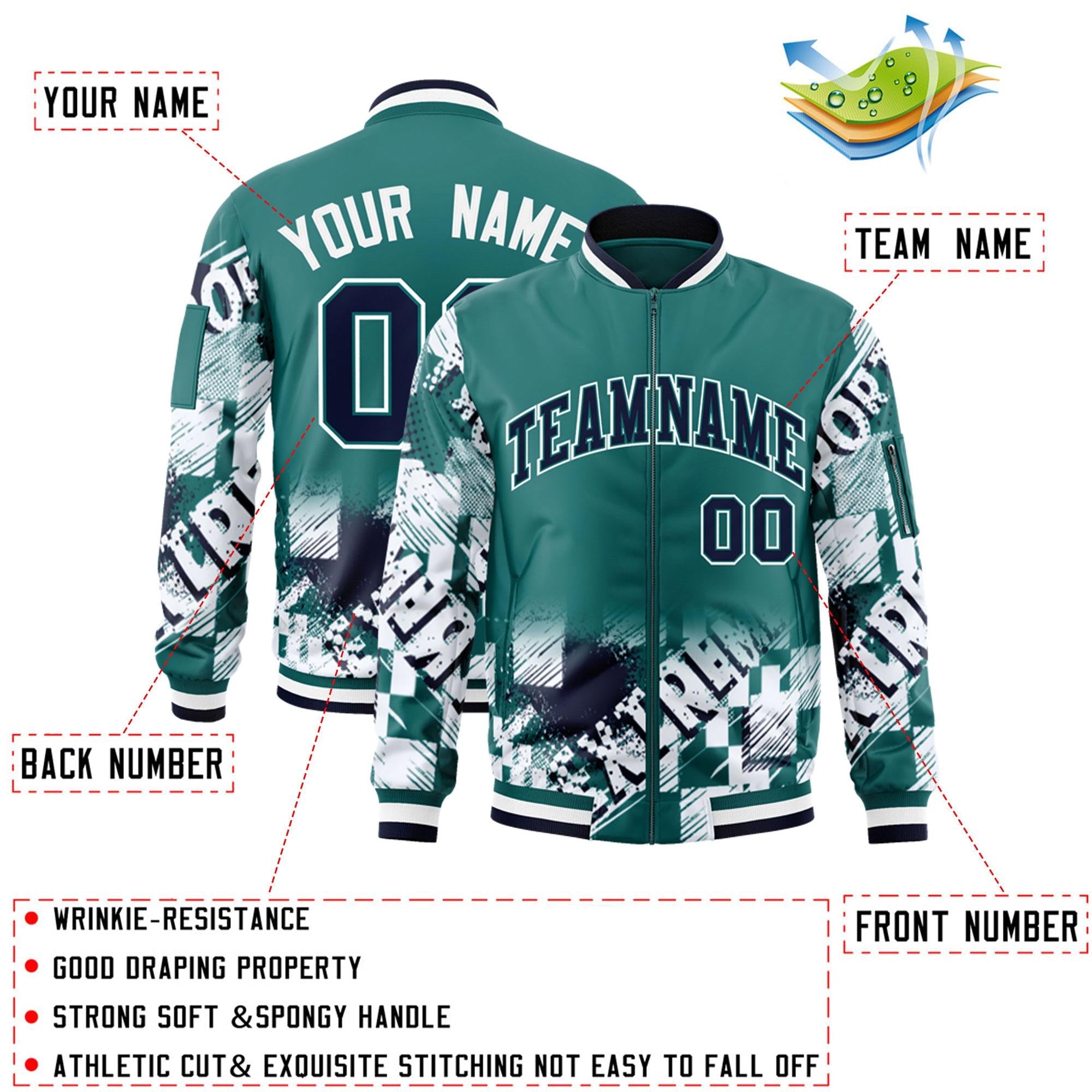 Custom Aqua Navy-White Varsity Full-Zip Street Graffiti Pattern Letterman Jacket