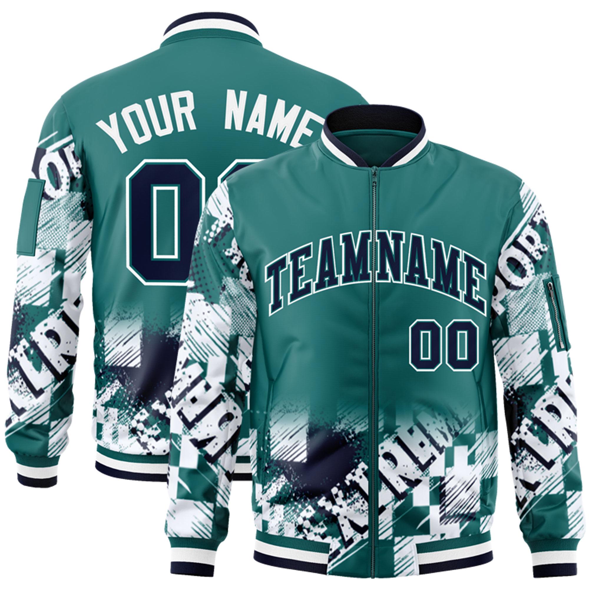 Custom Aqua Navy-White Varsity Full-Zip Street Graffiti Pattern Letterman Jacket