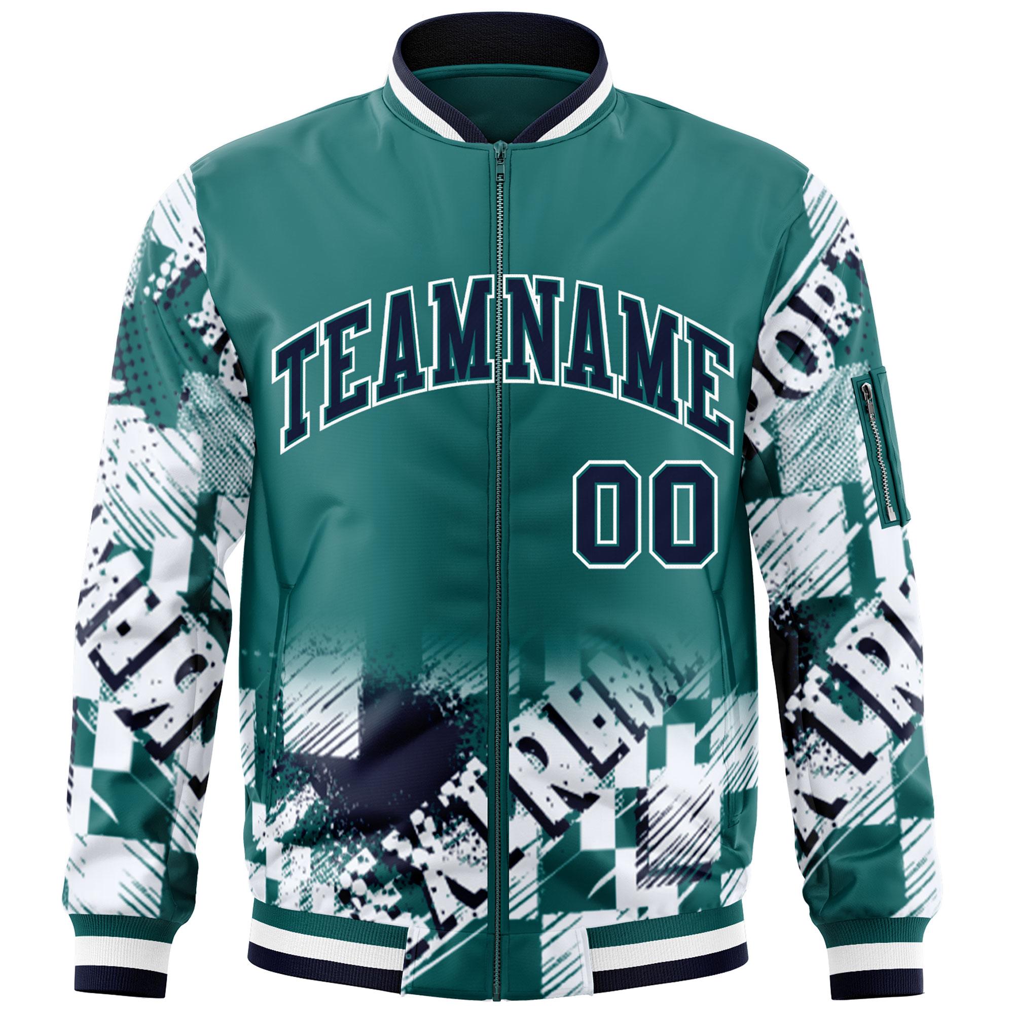 Custom Aqua Navy-White Varsity Full-Zip Street Graffiti Pattern Letterman Jacket