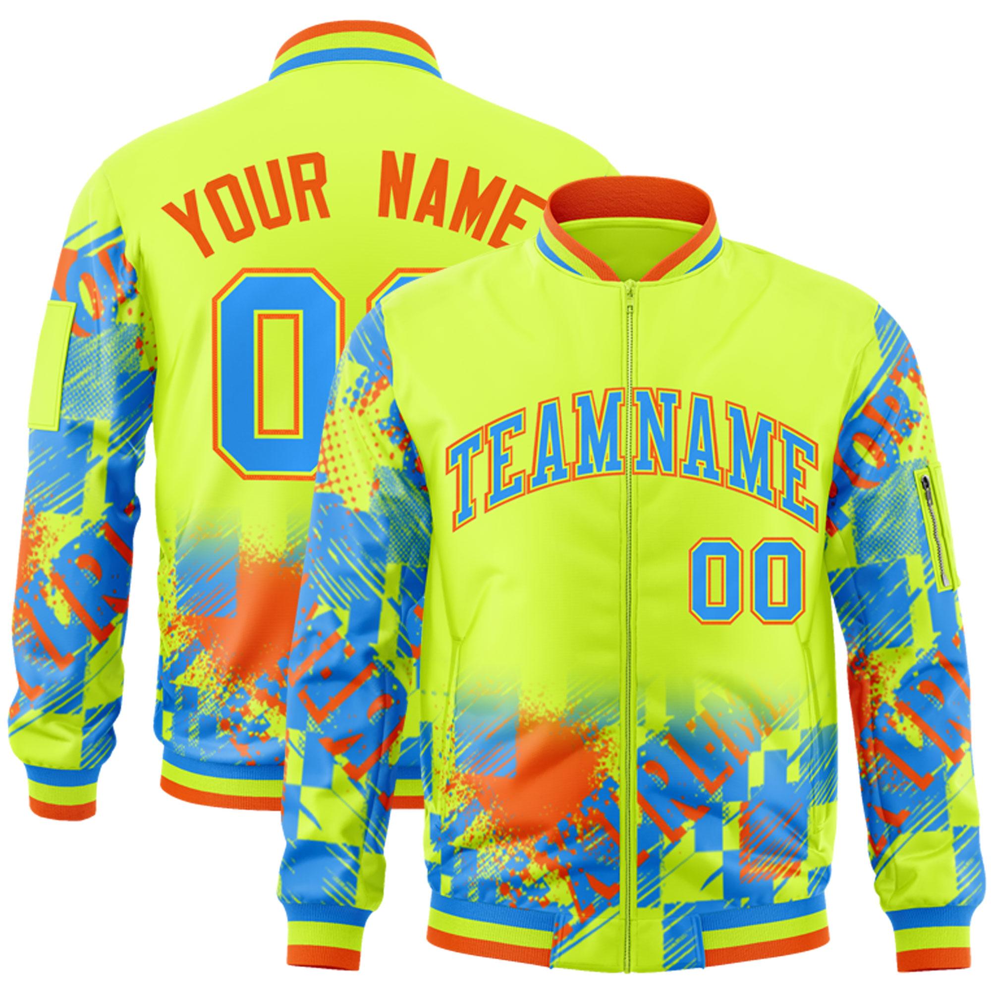 Custom Neon Green Powder Blue-Orange Varsity Full-Zip Street Graffiti Pattern Letterman Jacket