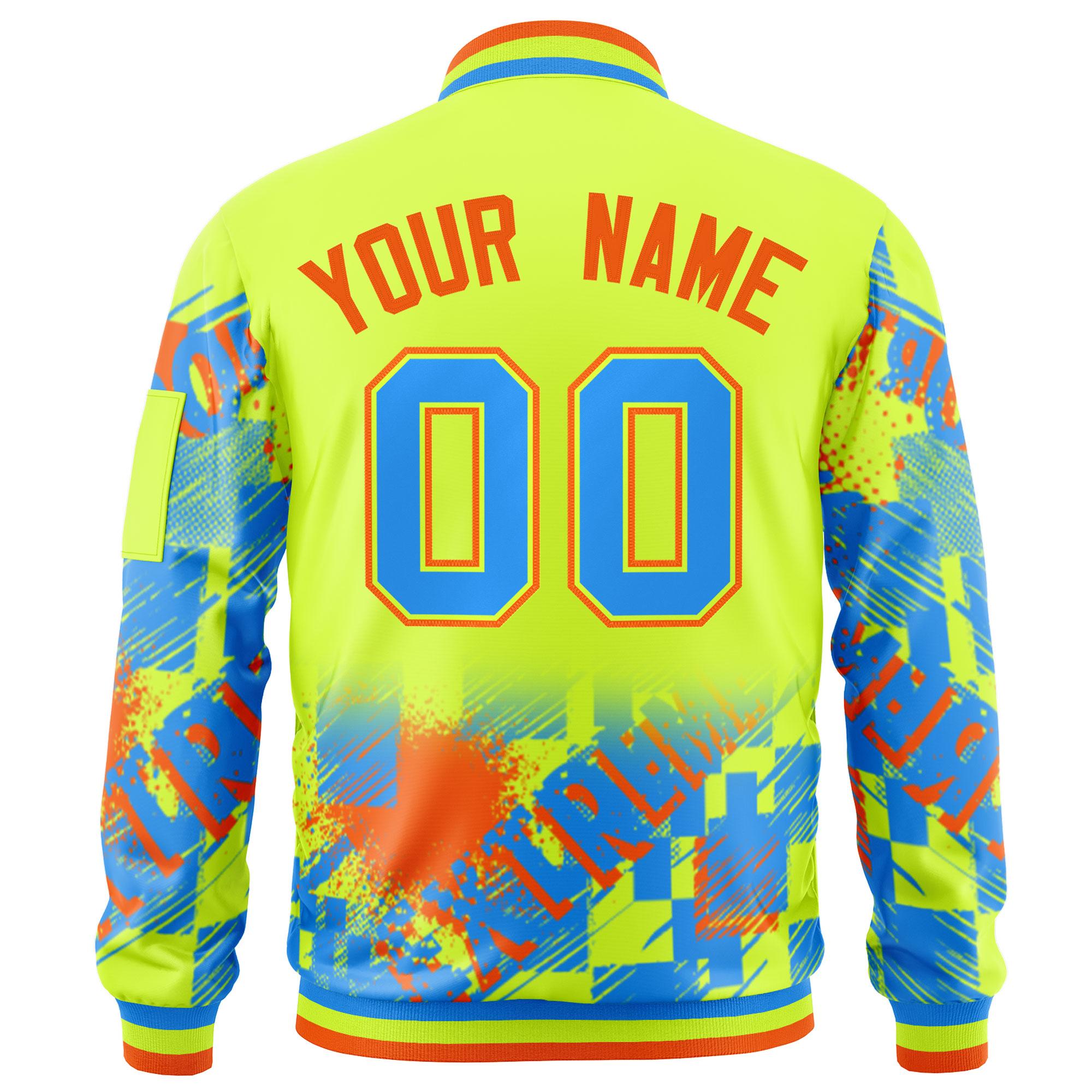 Custom Neon Green Powder Blue-Orange Varsity Full-Zip Street Graffiti Pattern Letterman Jacket