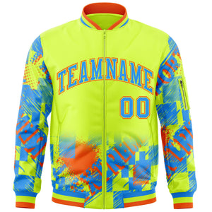 Custom Neon Green Powder Blue-Orange Varsity Full-Zip Street Graffiti Pattern Letterman Jacket