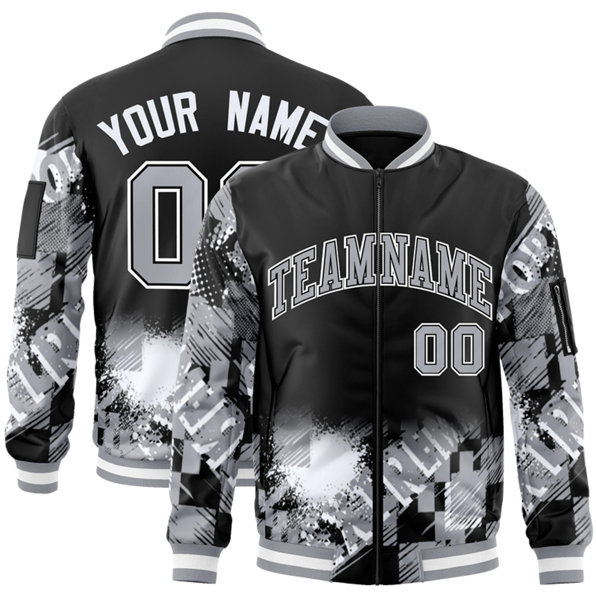 Custom Black Gray-White Varsity Full-Zip Street Graffiti Pattern Letterman Jacket