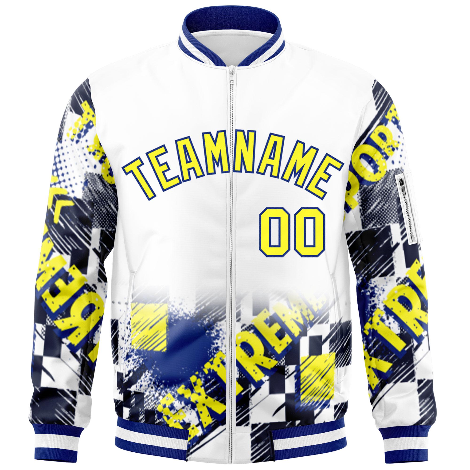 Custom White Gold-Royal Varsity Full-Zip Street Graffiti Pattern Letterman Jacket