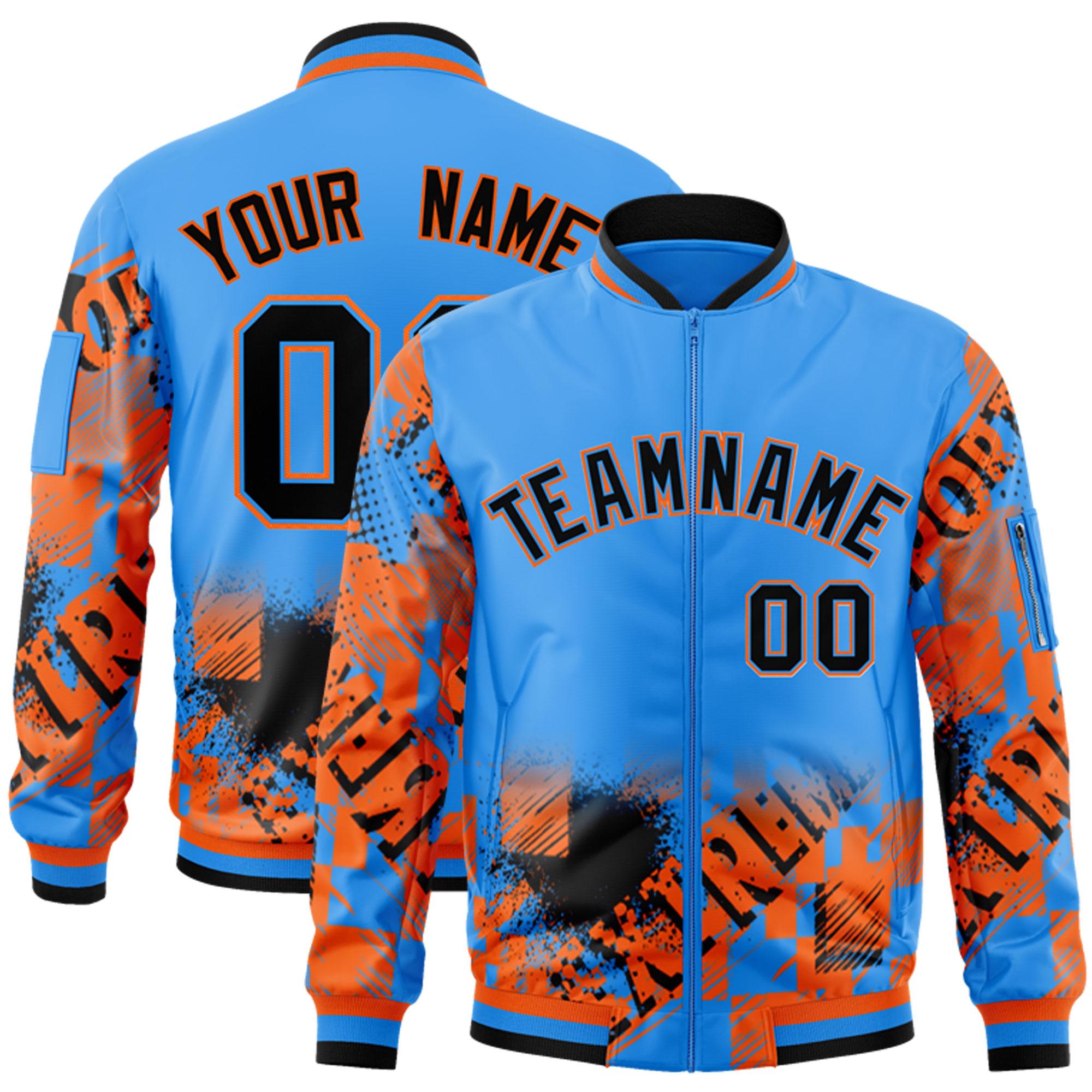 Custom Powder Blue Black-Orange Varsity Full-Zip Street Graffiti Pattern Letterman Jacket