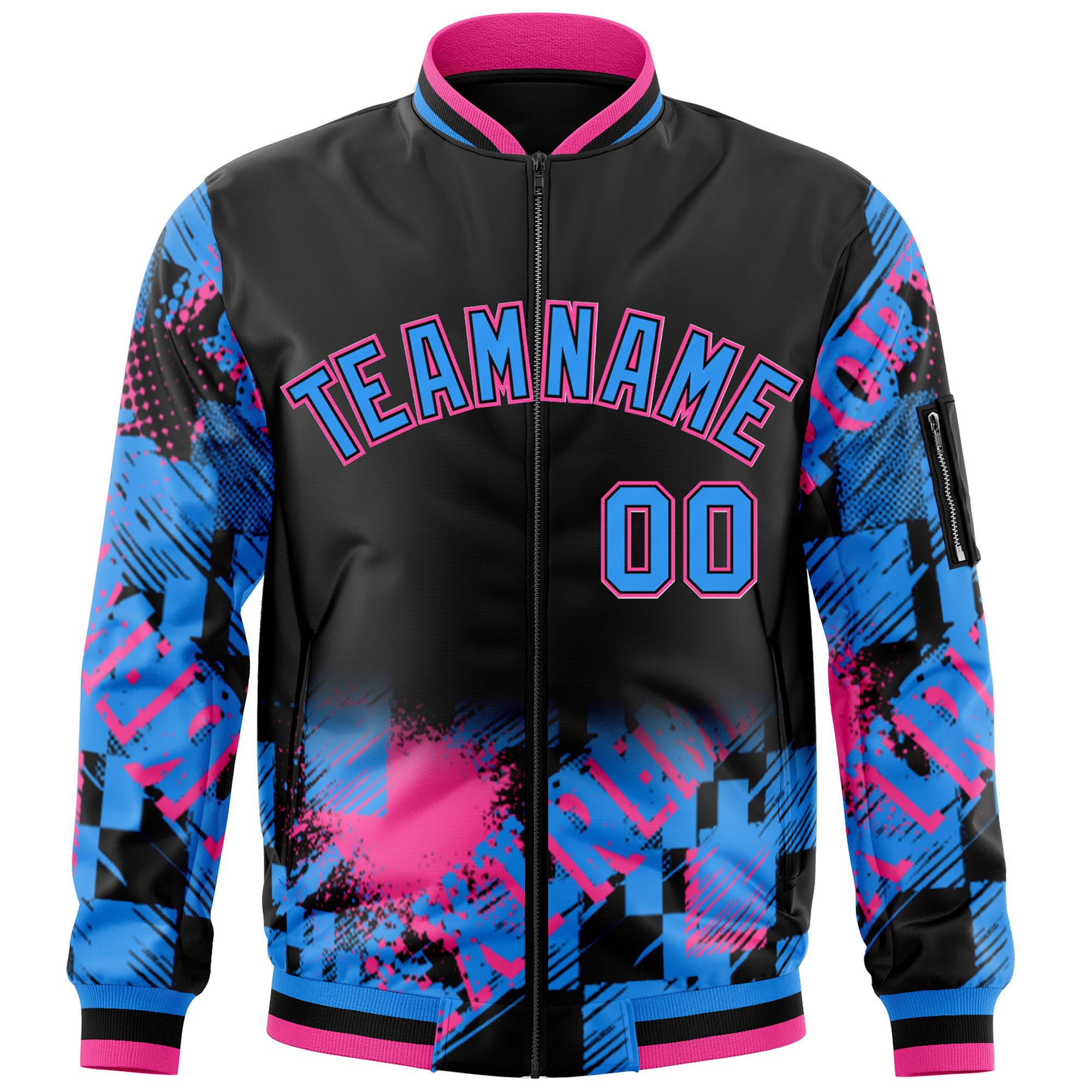 Custom Black Powder Blue-Pink Varsity Full-Zip Street Graffiti Pattern Letterman Jacket