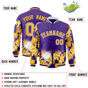 Custom Purple Yellow-White Varsity Full-Zip Street Graffiti Pattern Letterman Jacket