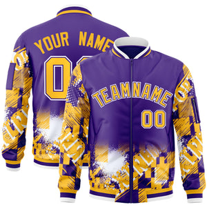 Custom Purple Yellow-White Varsity Full-Zip Street Graffiti Pattern Letterman Jacket