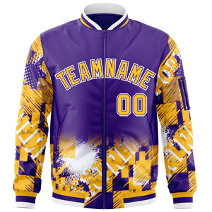 Custom Purple Yellow-White Varsity Full-Zip Street Graffiti Pattern Letterman Jacket