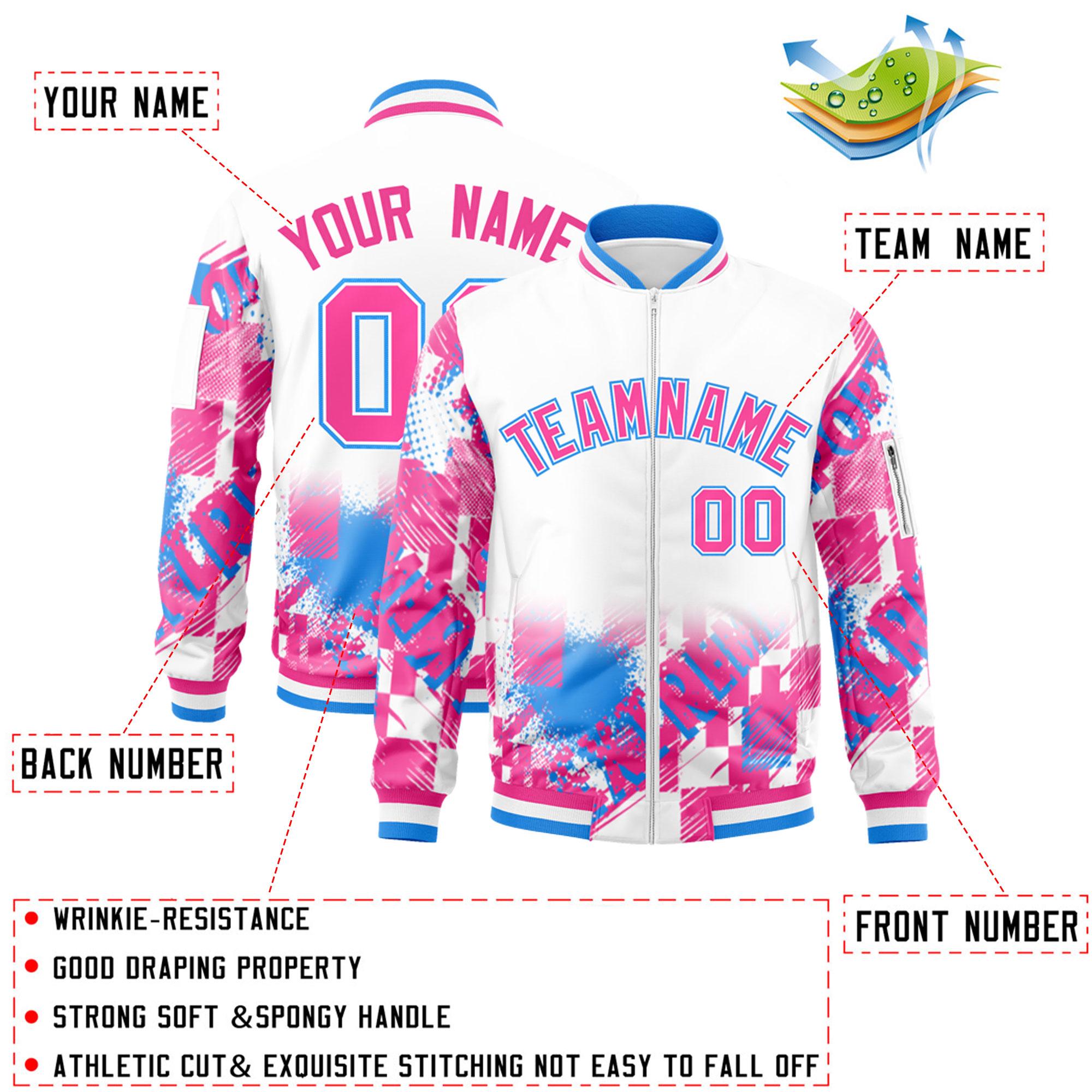 Custom White Pink-Powder Blue Varsity Full-Zip Street Graffiti Pattern Letterman Jacket