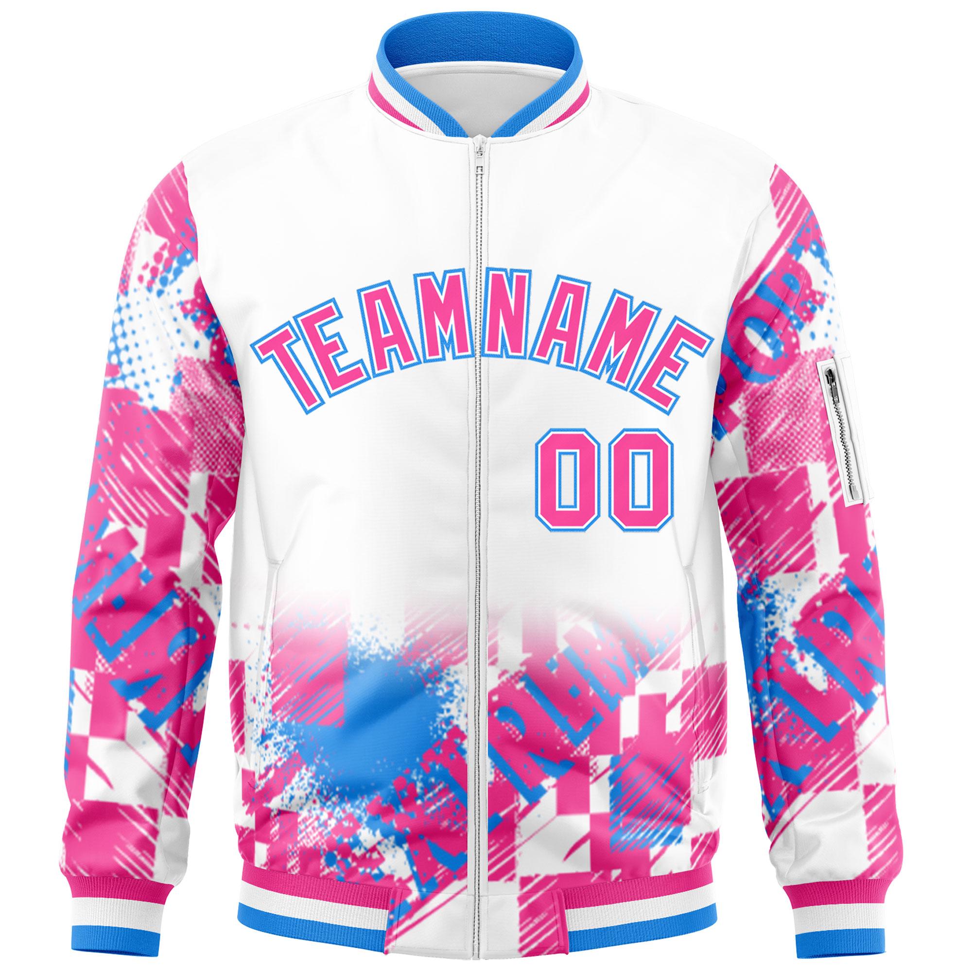 Custom White Pink-Powder Blue Varsity Full-Zip Street Graffiti Pattern Letterman Jacket