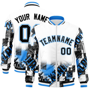 Custom White Black-Powder Blue Varsity Full-Zip Street Graffiti Pattern Letterman Jacket