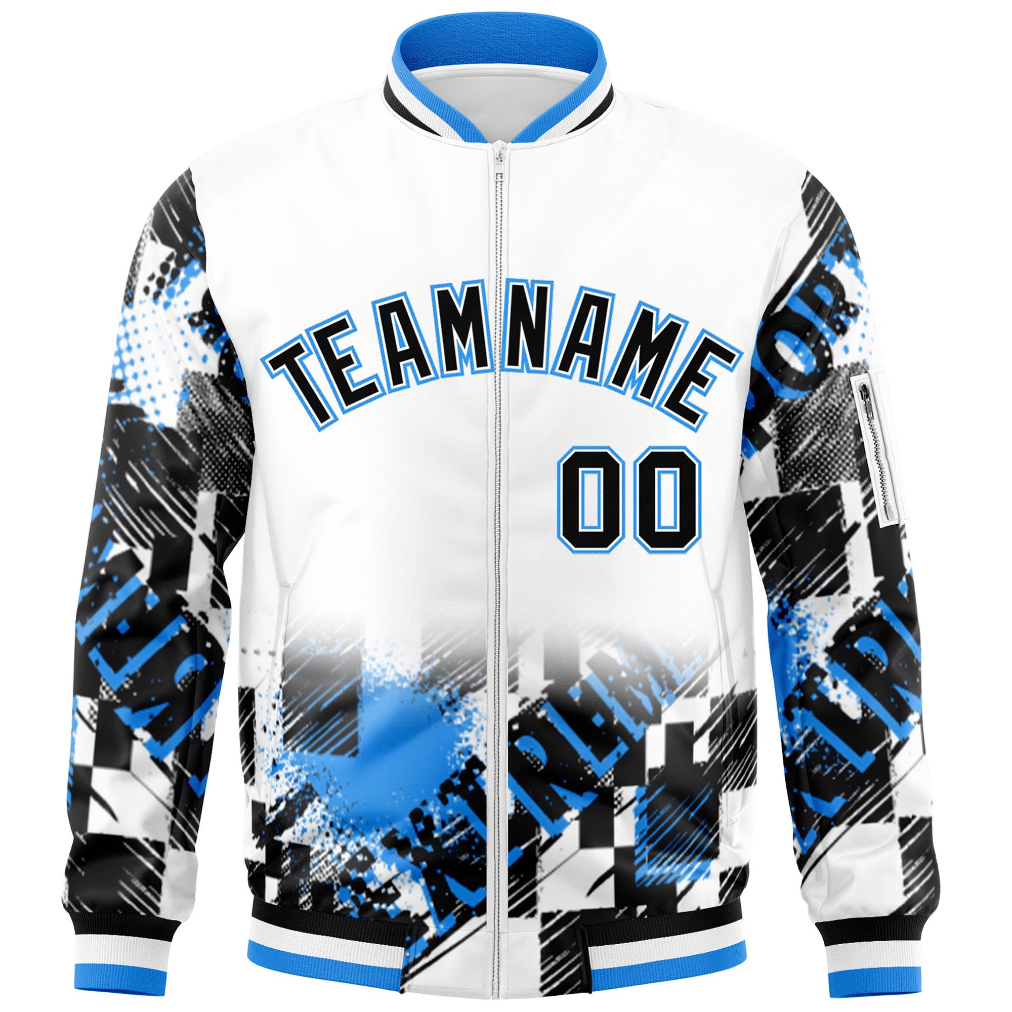 Custom White Black-Powder Blue Varsity Full-Zip Street Graffiti Pattern Letterman Jacket