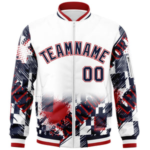 Custom White Navy-Red Varsity Full-Zip Street Graffiti Pattern Letterman Jacket