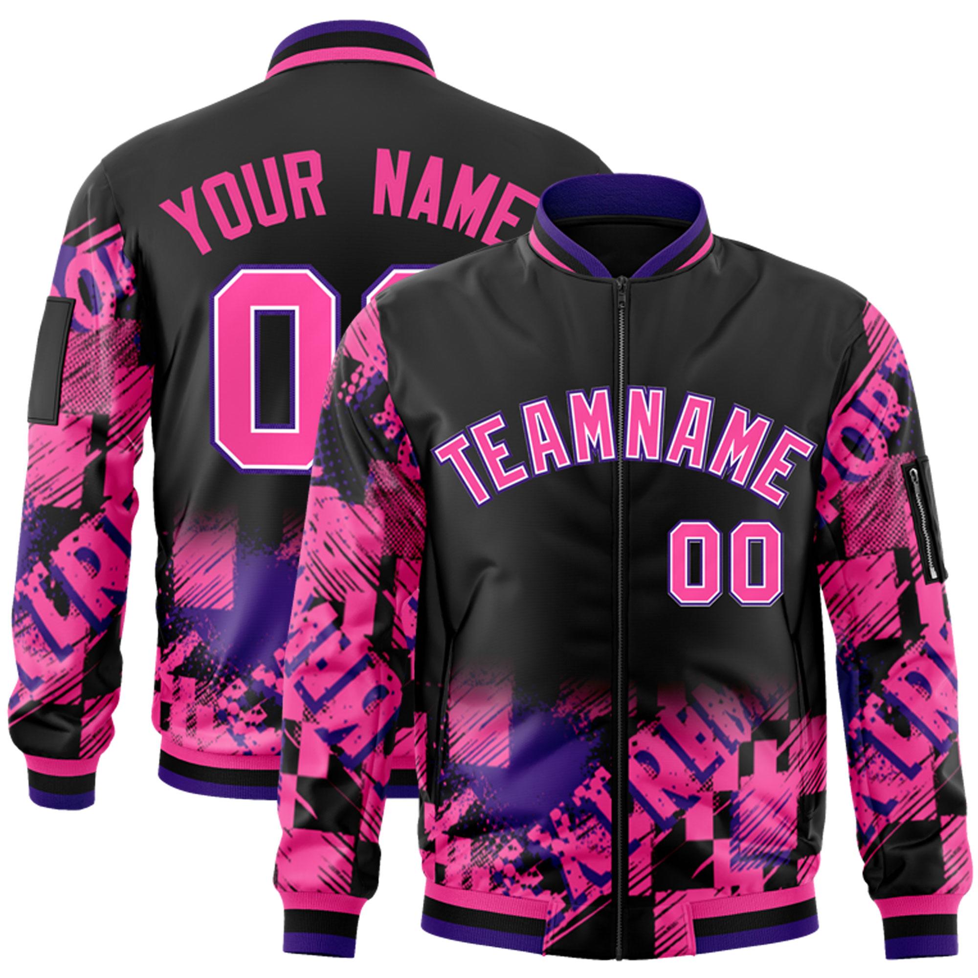 Custom Black Pink-Purple Varsity Full-Zip Street Graffiti Pattern Letterman Jacket