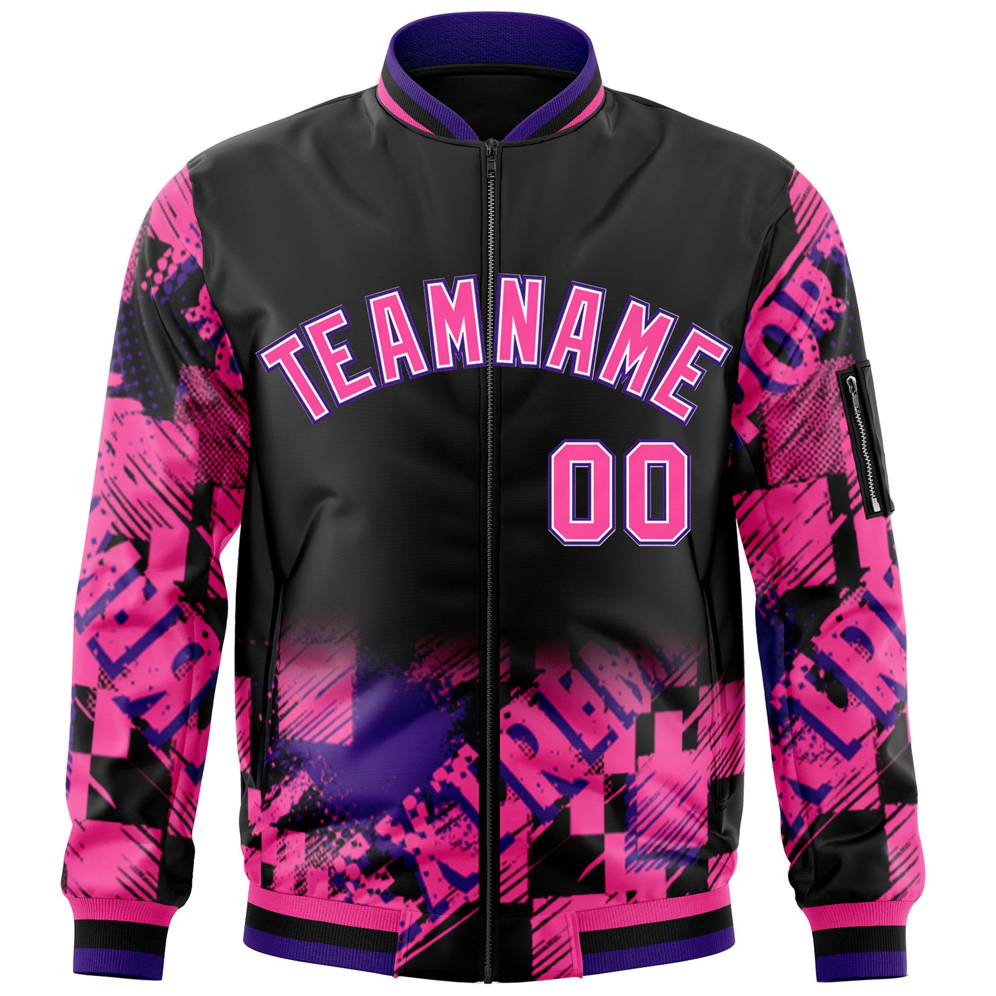 Custom Black Pink-Purple Varsity Full-Zip Street Graffiti Pattern Letterman Jacket