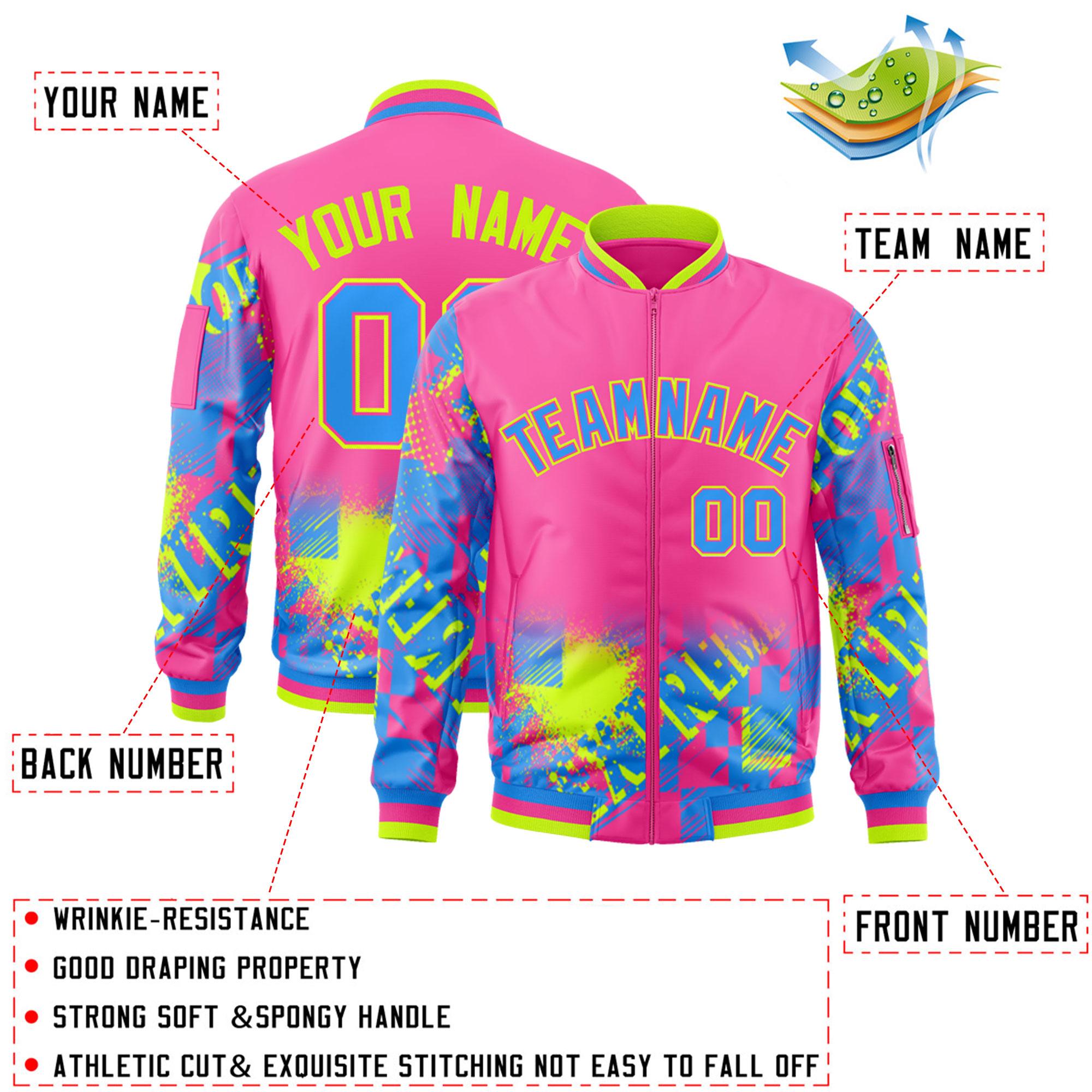 Custom Pink Powder Blue-Neon Green Varsity Full-Zip Street Graffiti Pattern Letterman Jacket