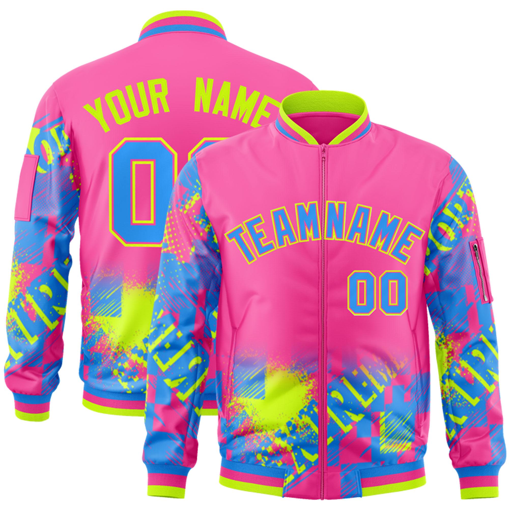 Custom Pink Powder Blue-Neon Green Varsity Full-Zip Street Graffiti Pattern Letterman Jacket