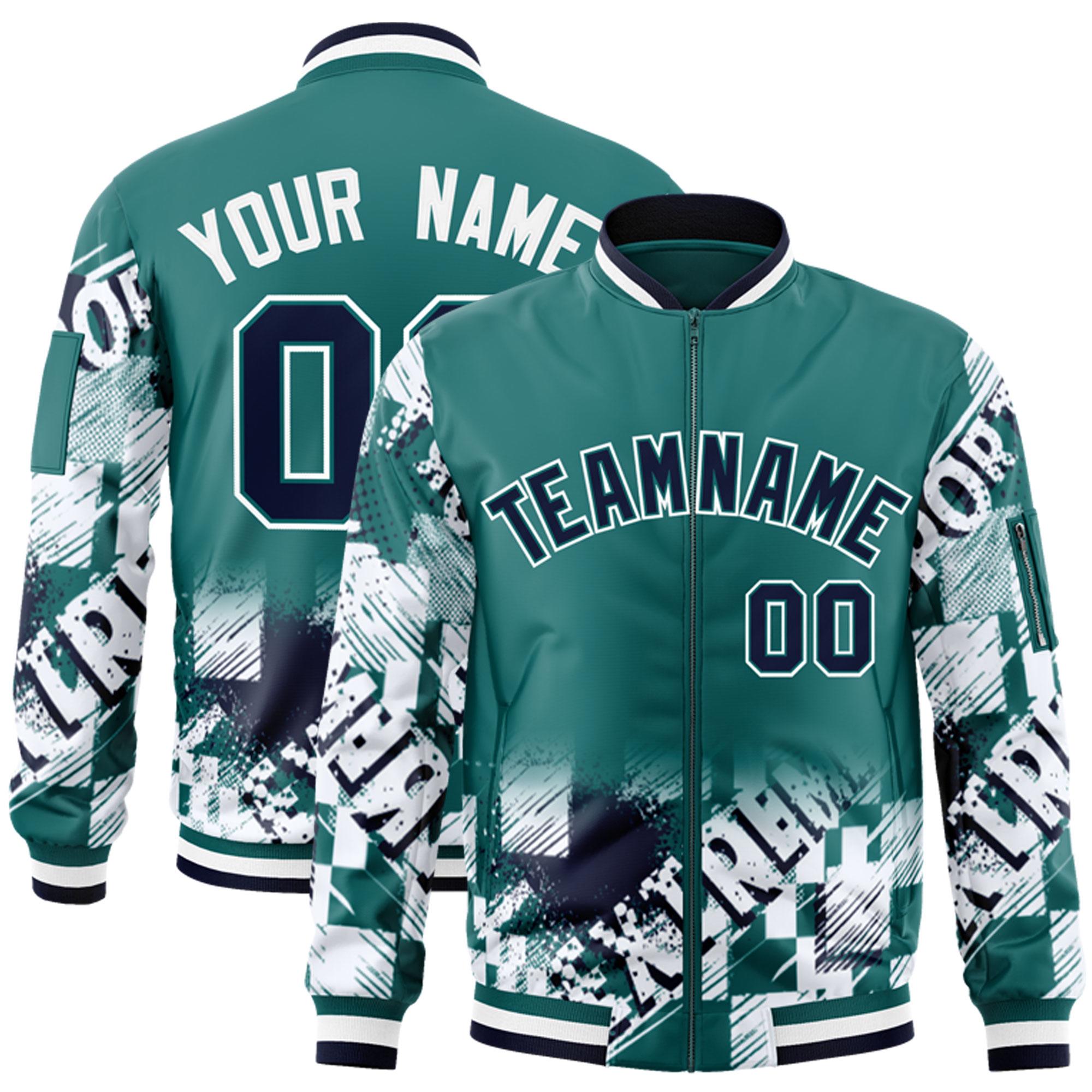 Custom Aqua Navy-White Varsity Full-Zip Street Graffiti Pattern Letterman Jacket