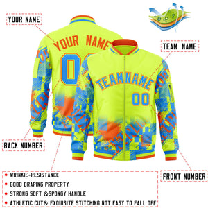 Custom Neon Green Powder Blue-Orange Varsity Full-Zip Street Graffiti Pattern Letterman Jacket