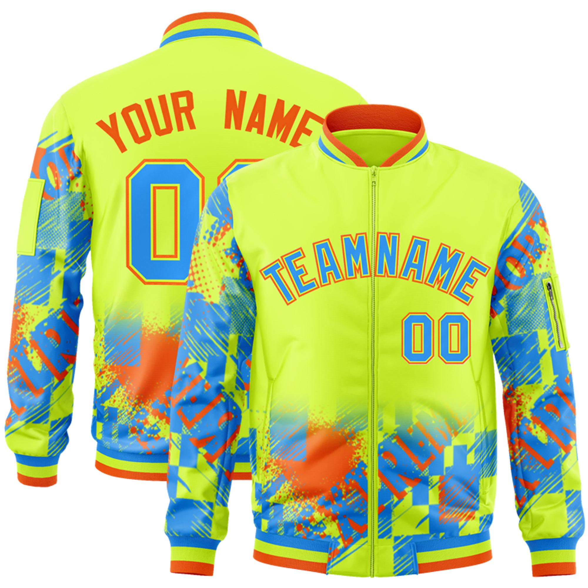 Custom Neon Green Powder Blue-Orange Varsity Full-Zip Street Graffiti Pattern Letterman Jacket