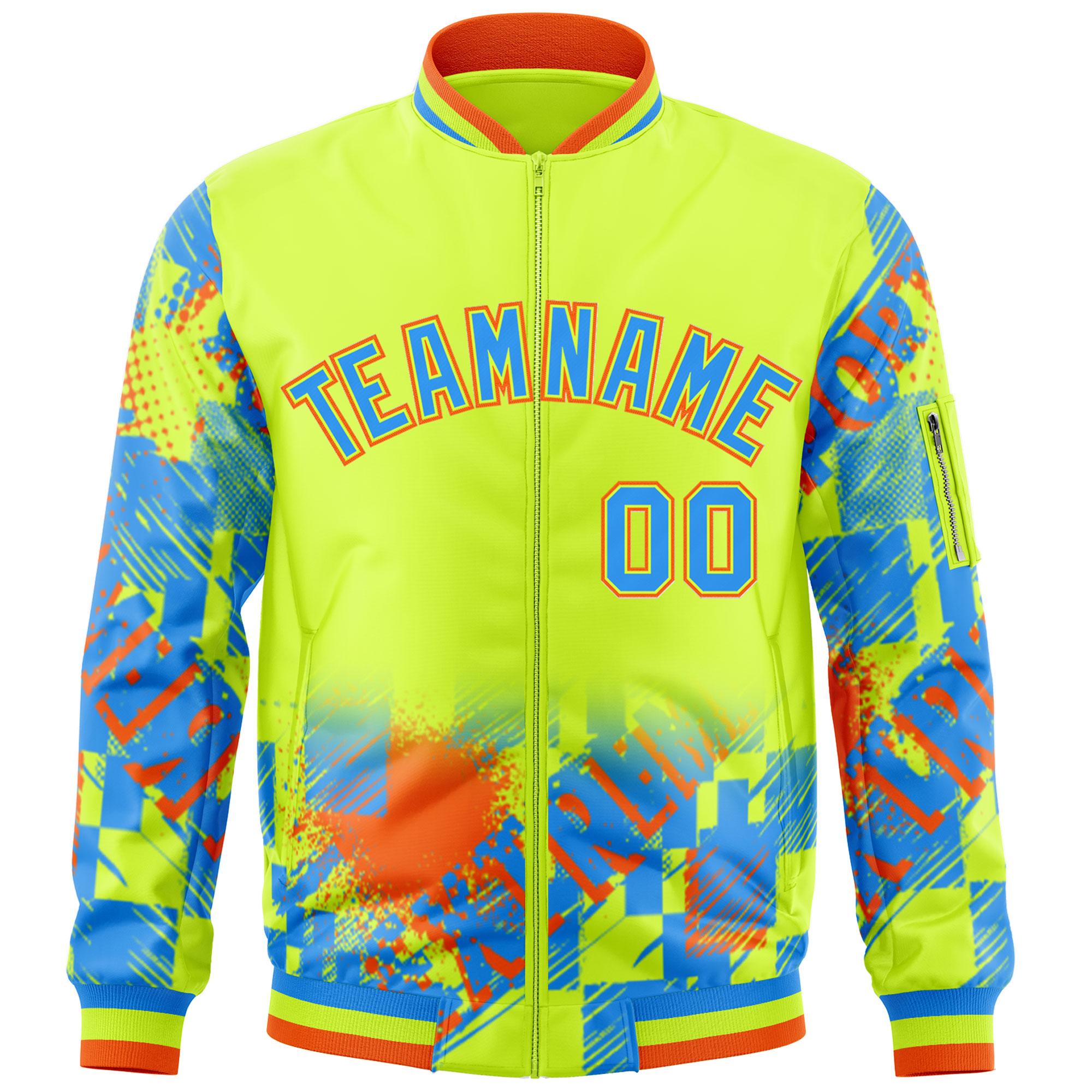 Custom Neon Green Powder Blue-Orange Varsity Full-Zip Street Graffiti Pattern Letterman Jacket