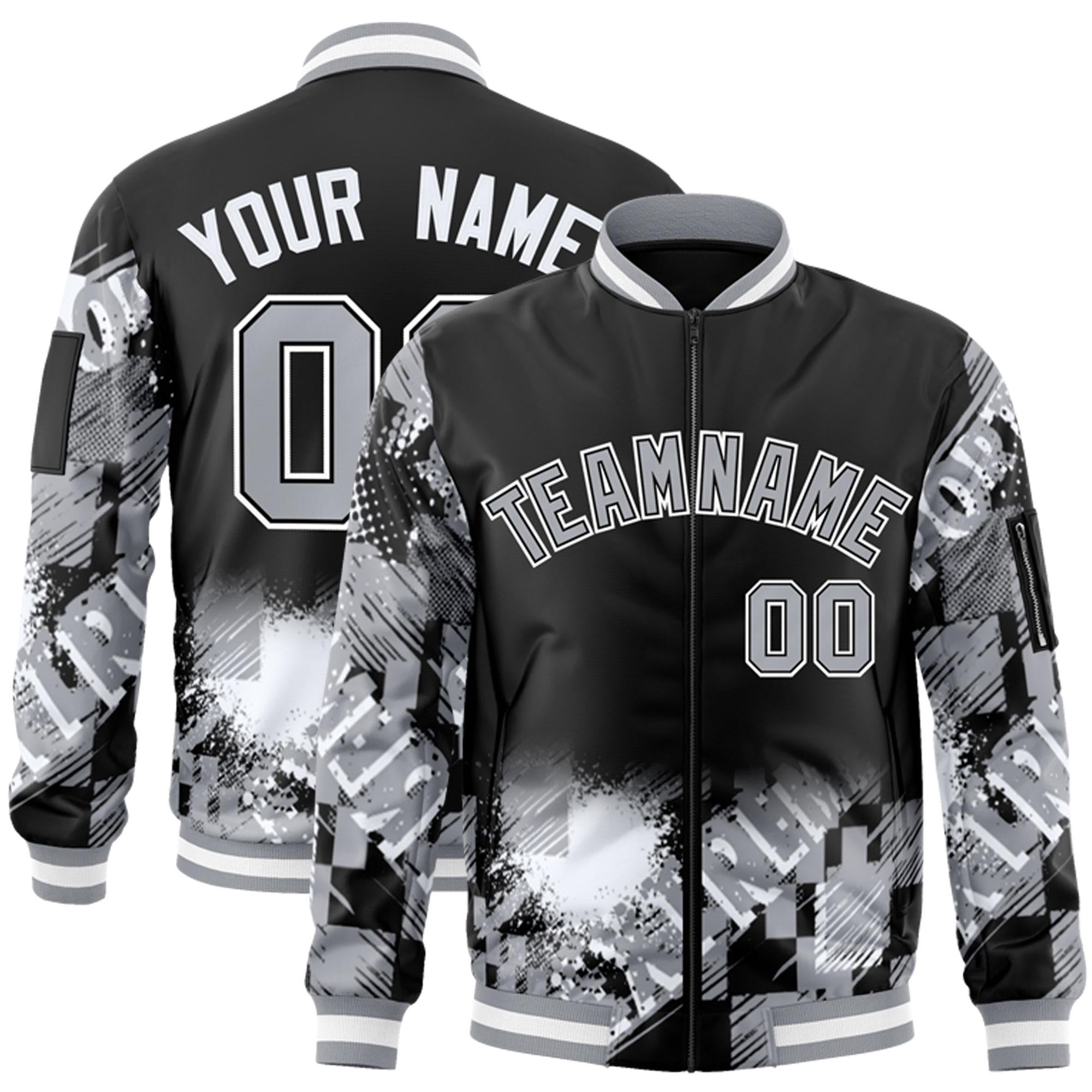 Custom Black Gray-White Varsity Full-Zip Street Graffiti Pattern Letterman Jacket