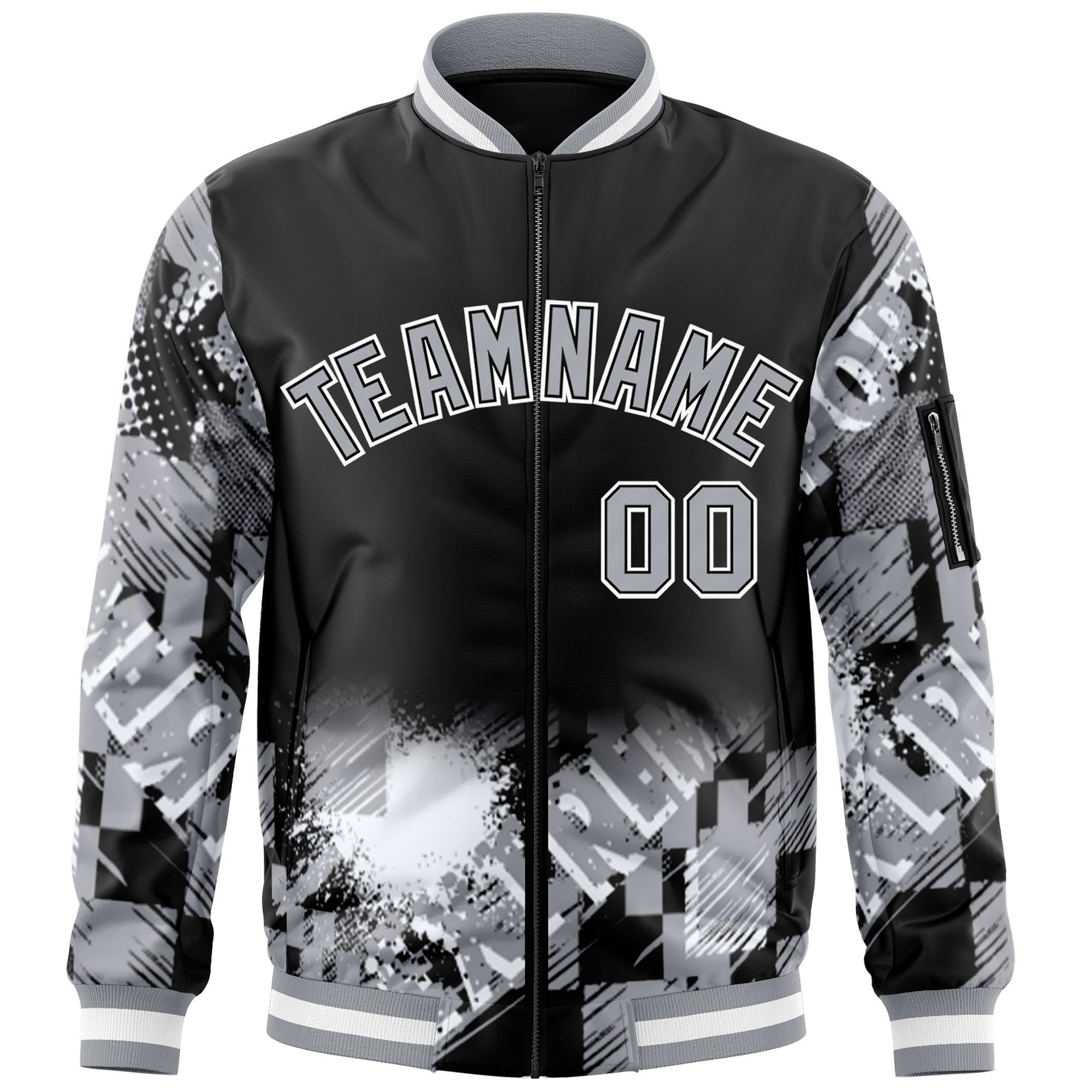 Custom Black Gray-White Varsity Full-Zip Street Graffiti Pattern Letterman Jacket