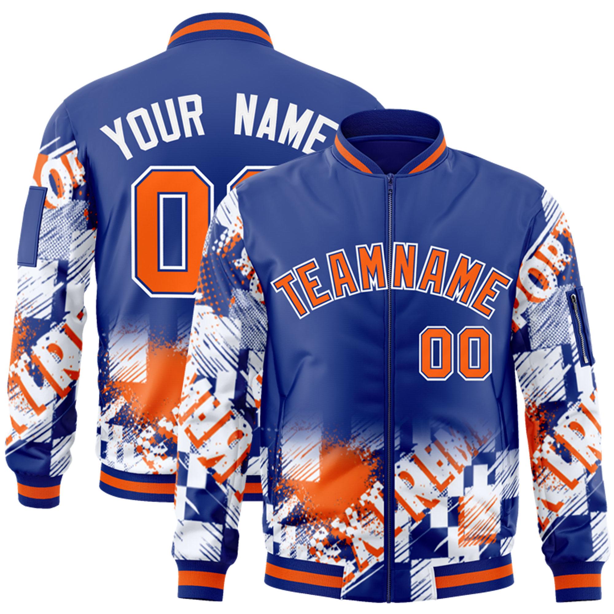 Custom Royal Orange-White Varsity Full-Zip Street Graffiti Pattern Letterman Jacket