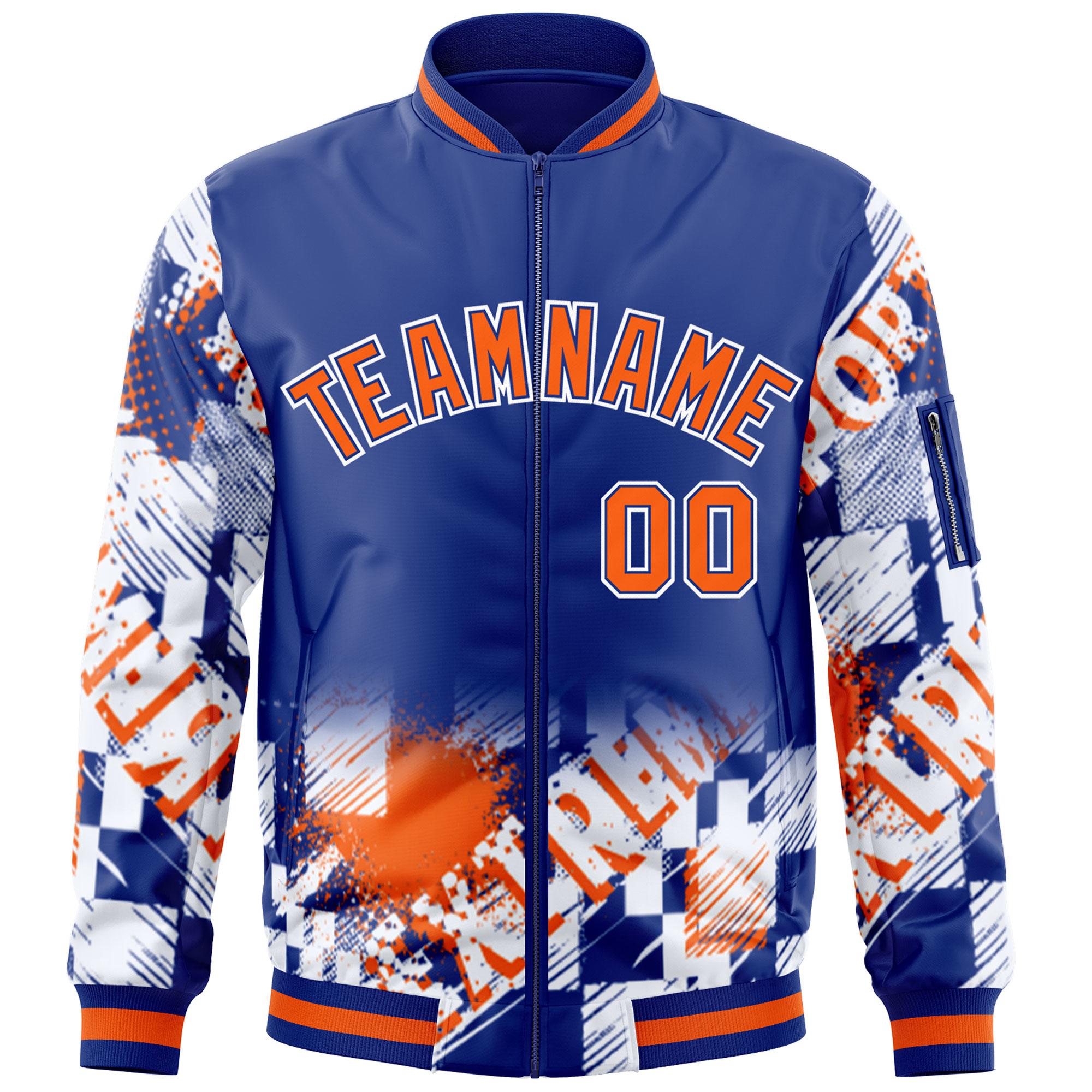 Custom Royal Orange-White Varsity Full-Zip Street Graffiti Pattern Letterman Jacket