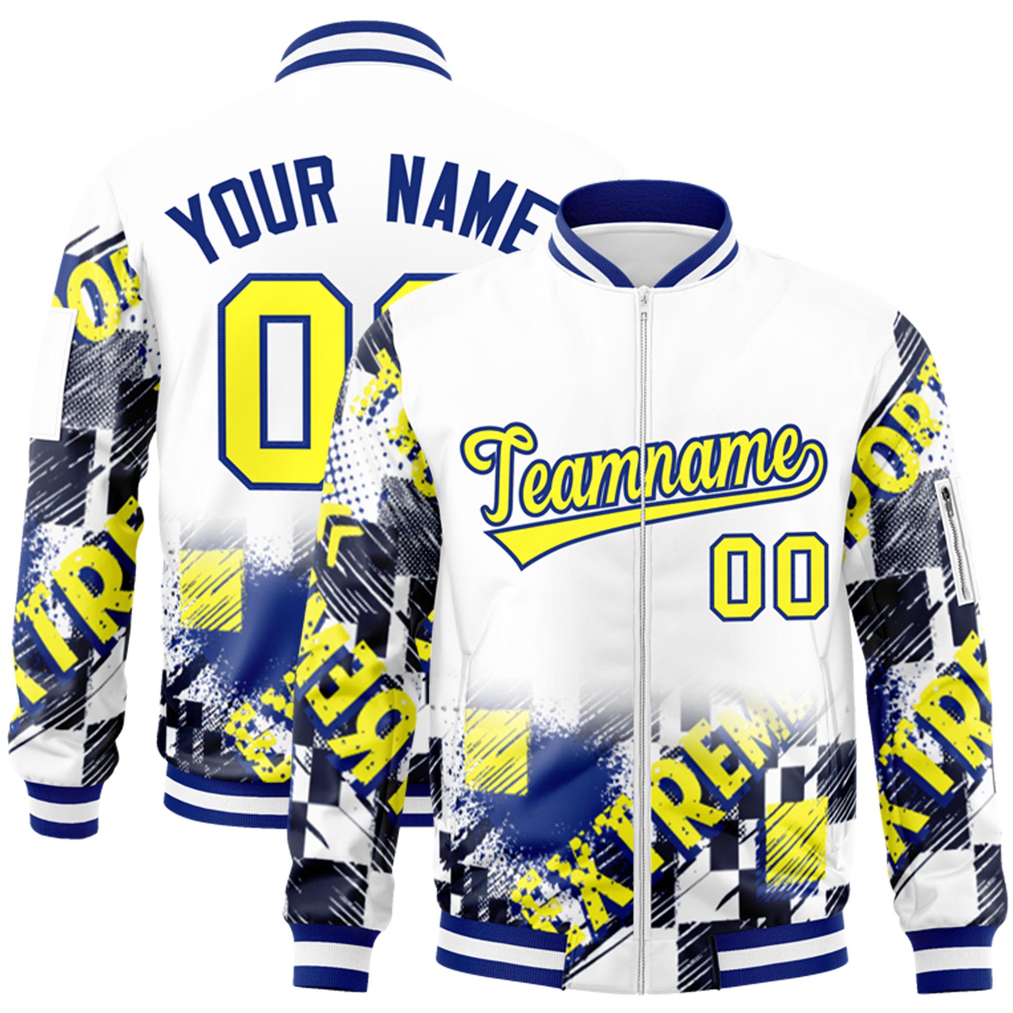 Custom White Gold-Royal Varsity Full-Zip Street Graffiti Pattern Letterman Jacket