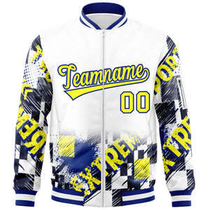 Custom White Gold-Royal Varsity Full-Zip Street Graffiti Pattern Letterman Jacket