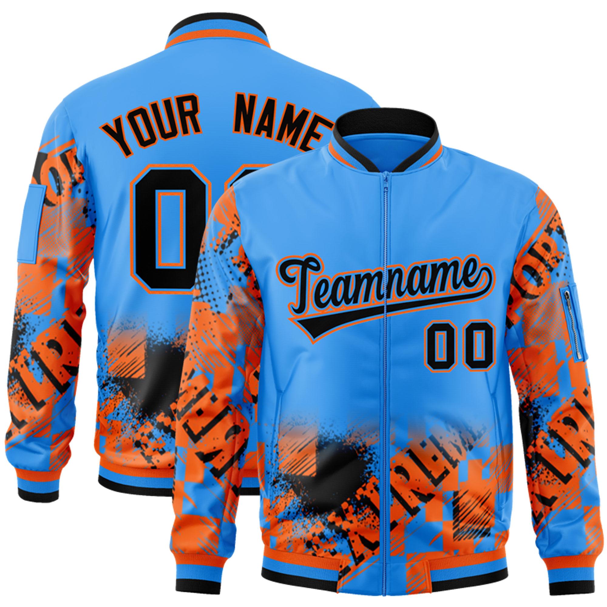 Custom Powder Blue Black-Orange Varsity Full-Zip Street Graffiti Pattern Letterman Jacket